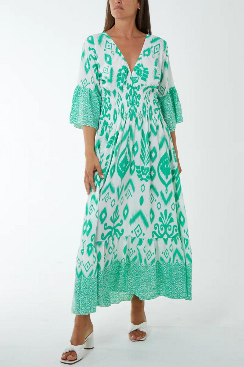 Oversized Flutter Sleeves Shirred Waist Geometrical Print V Neck Maxi Dress in Green and White