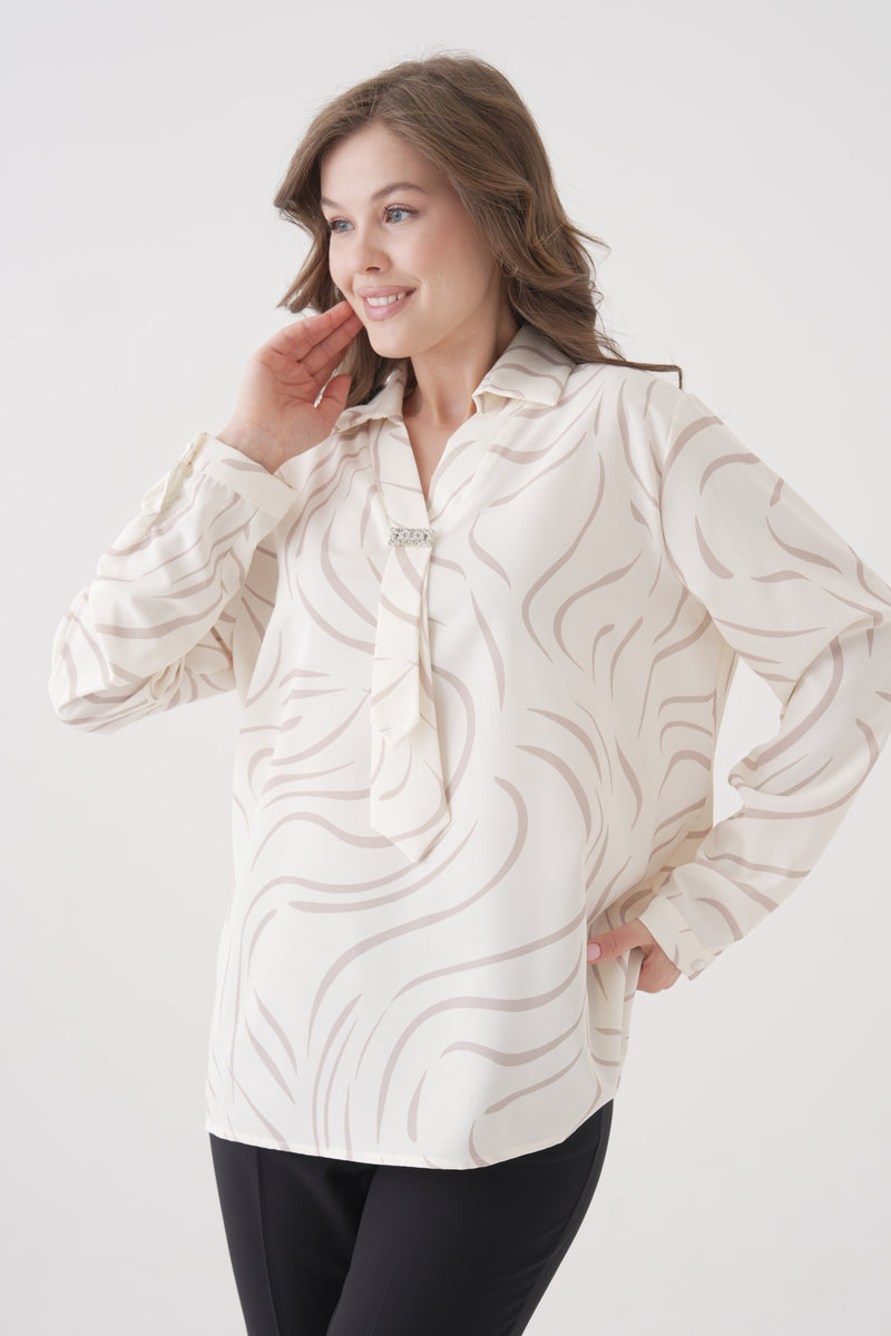 Relaxed Fit Long Sleeves Brooch and Print Detail Blouse