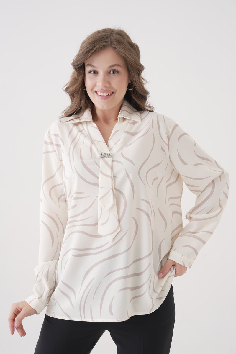 Relaxed Fit Long Sleeves Brooch and Print Detail Blouse