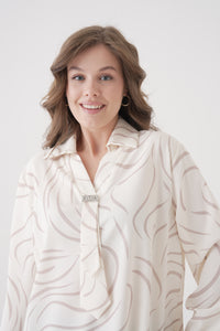Relaxed Fit Long Sleeves Brooch and Print Detail Blouse