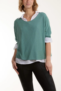 Relaxed Fit Double Layer Top and Shirt with 3/4 Sleeve in Sage
