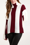 Oversized Roll Neck Detailed Vertical Striped Jumper in Burgundy and White