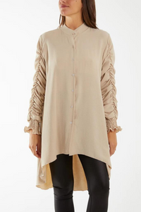 Relaxed Fit Shirred Long Sleeve Ruffle Detailed Shirt Tunic in Stone