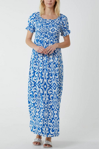 Relaxed Fit Geometric Printed Maxi Dress in White and Blue with Shirred Details