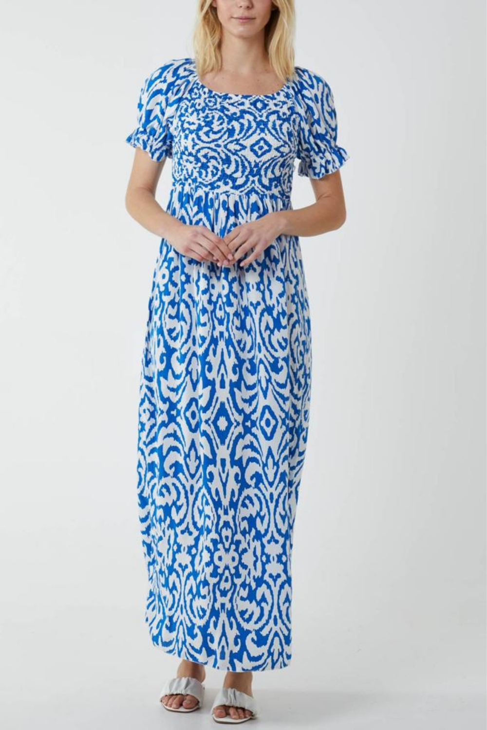Relaxed Fit Geometric Printed Maxi Dress in White and Blue with Shirred Details