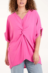 Oversized Short Sleeves Twist Front Cocoon Tunic Top in Hot Pink