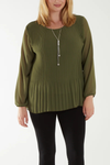 Oversized Long Sleeves Pleated Top with Tulle Details in Khaki with Necklace