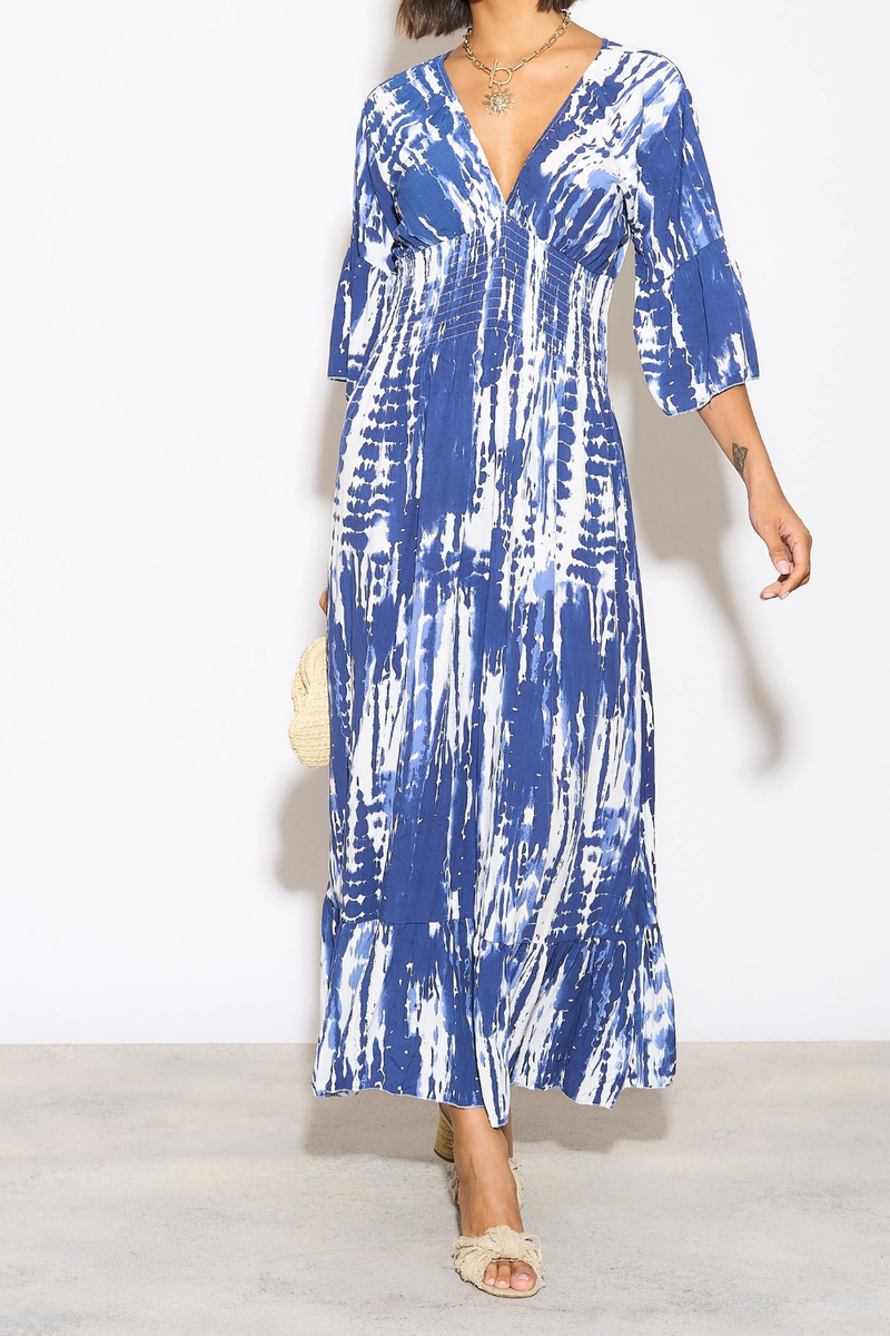 Oversized Shirred Waist Flutter Sleeve V Neck Maxi Dress with Tie Dye Print Details in White and Navy