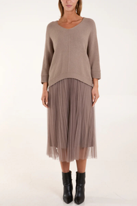 Relaxed Fit Layered Knit and Pleated Dress Set in Beige