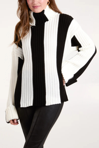 Oversized Roll Neck Detailed Vertical Striped Jumper in Black and White