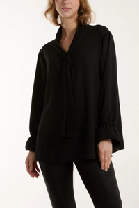 Relaxed Fit Pleated Tie Neck Long Bell Sleeves Blouse in Black