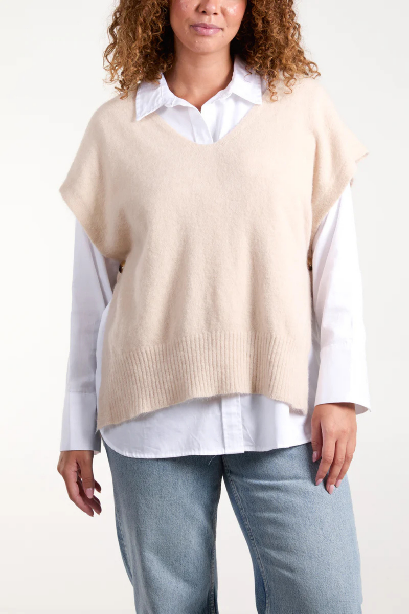 Oversize Cozy Sleeveless Top with V-Neck Side Buttoned Details in Beige