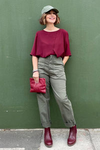 Relaxed Fit Crew Neck Layered Blouse Top with Short Sleeves in Burgundy