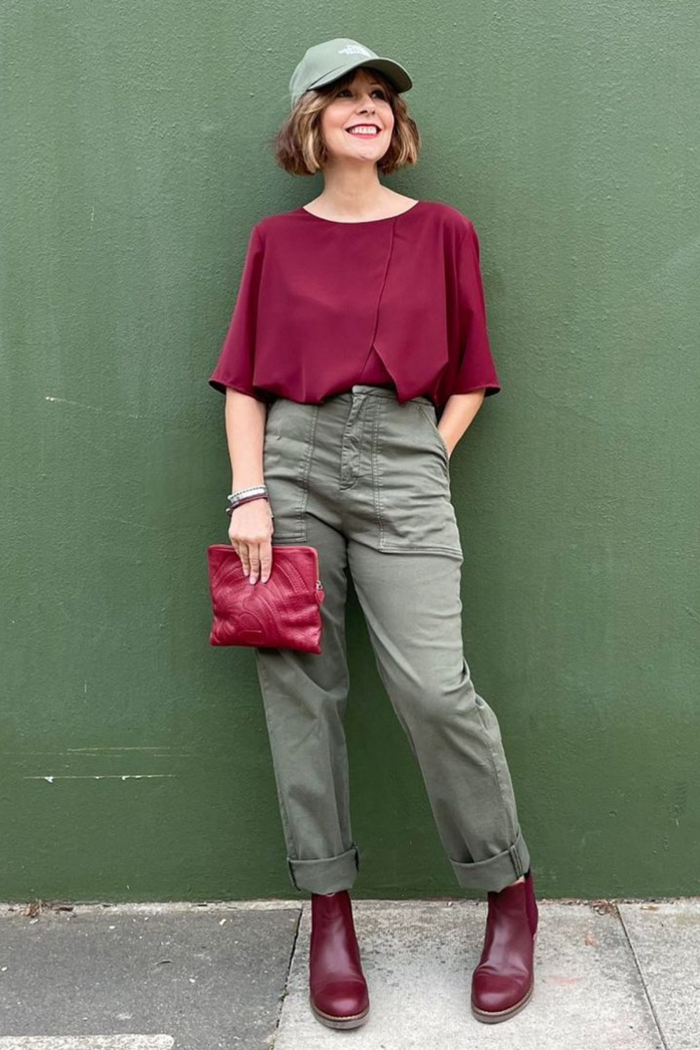 Relaxed Fit Crew Neck Layered Blouse Top with Short Sleeves in Burgundy