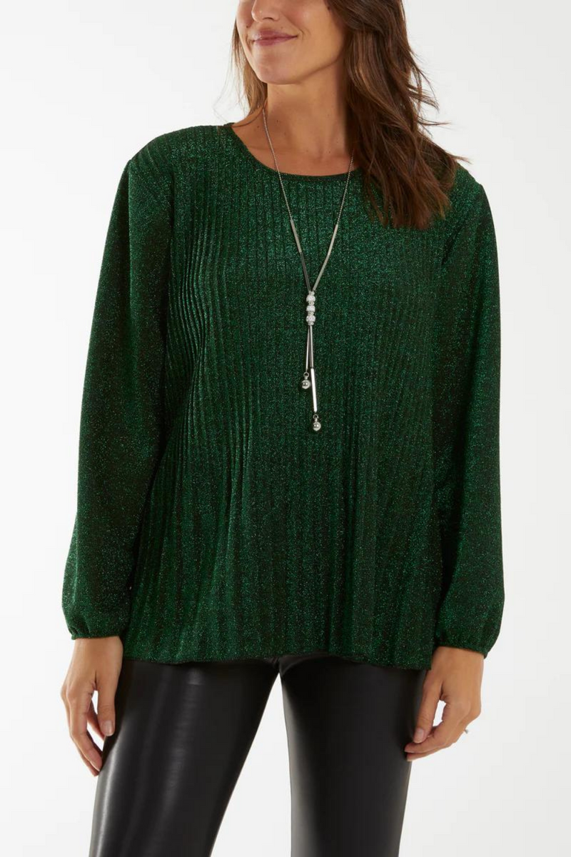 Long Sleeve Round Neck Pleated Top in Green Glitter with Necklace