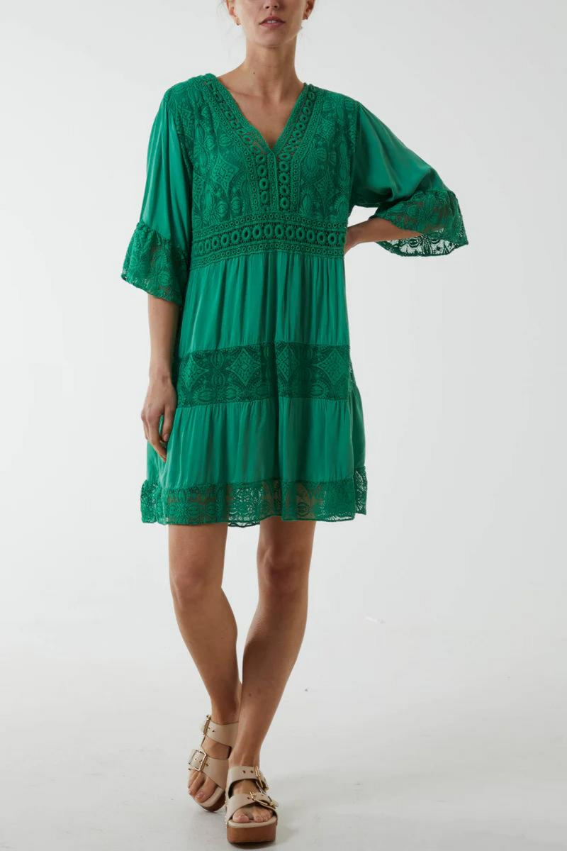 Oversized 3/4 Sleeves Lace Detailed V Neck Mini Dress in Green