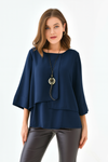 Oversized Fit 3/4 Sleeve Asymmetric Layered Blouse in Navy with Necklace