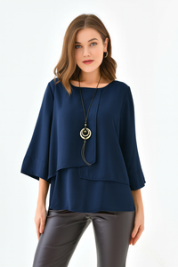 Oversized Fit 3/4 Sleeve Asymmetric Layered Blouse in Navy with Necklace