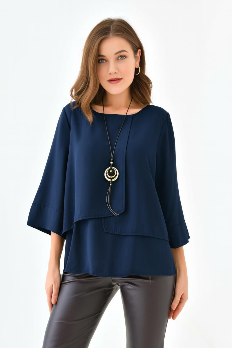 Oversized Fit 3/4 Sleeve Asymmetric Layered Blouse in Navy with Necklace