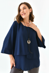 Oversized Fit 3/4 Sleeve Asymmetric Layered Blouse in Navy with Necklace