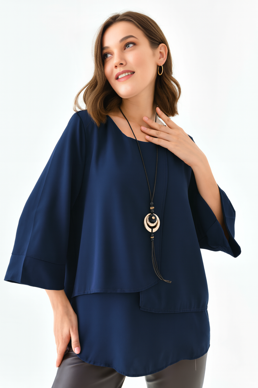 Oversized Fit 3/4 Sleeve Asymmetric Layered Blouse in Navy with Necklace