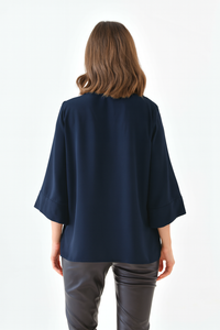 Oversized Fit 3/4 Sleeve Asymmetric Layered Blouse in Navy with Necklace