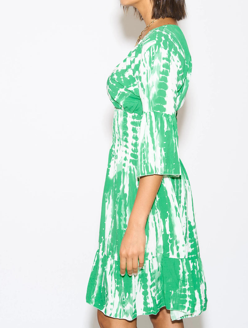 Oversized Shirred Waist Flutter Sleeve V Neck Mini Dress with Tie Dye Print Details in White and Green