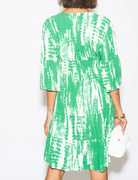 Oversized Shirred Waist Flutter Sleeve V Neck Mini Dress with Tie Dye Print Details in White and Green