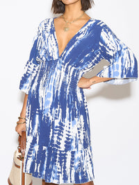 Oversized Shirred Waist Flutter Sleeve V Neck Mini Dress with Tie Dye Print Details in White and Navy