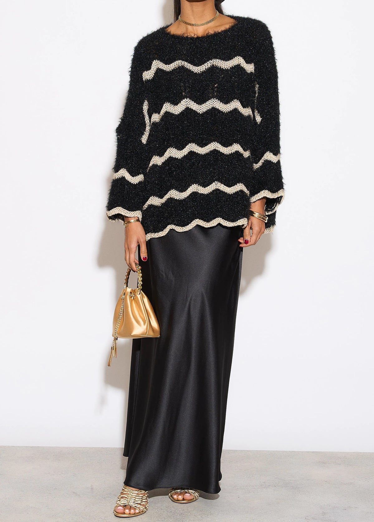 Open Knit Fluffy Oversized Jumper in Black and Gold