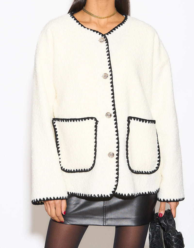 Teddy Contrast Trim Cardigan in Cream