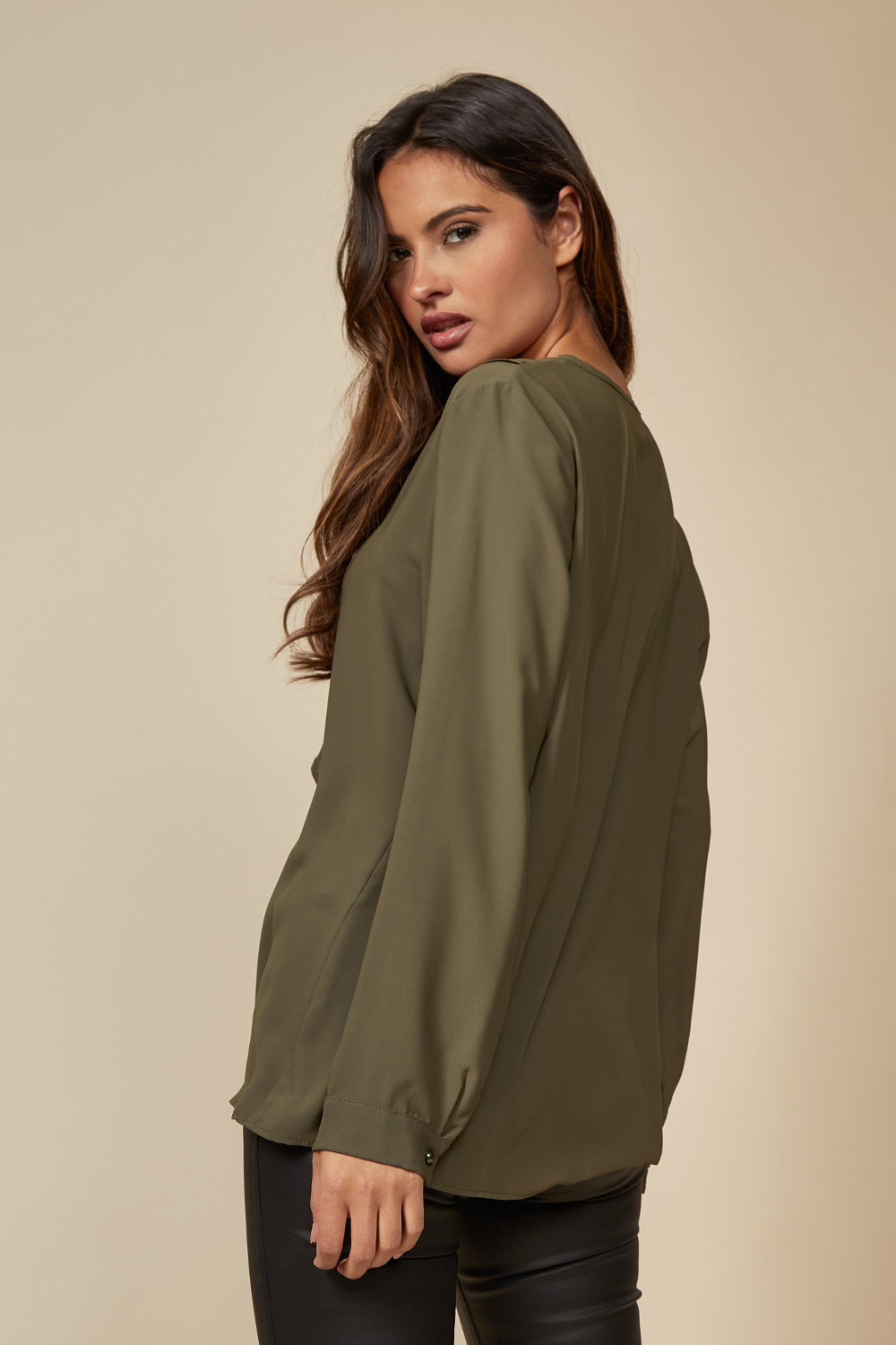 Relaxed Fit Top with Frilled Front in Khaki
