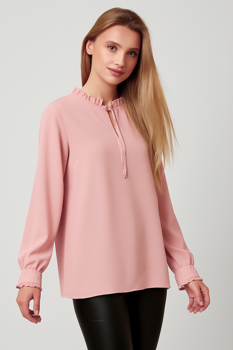 Oversized Tie Ruffle Neck Top in Pink