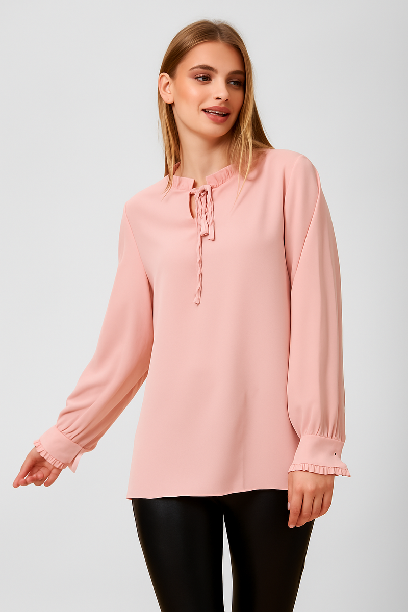 Oversized Tie Ruffle Neck Top in Pink