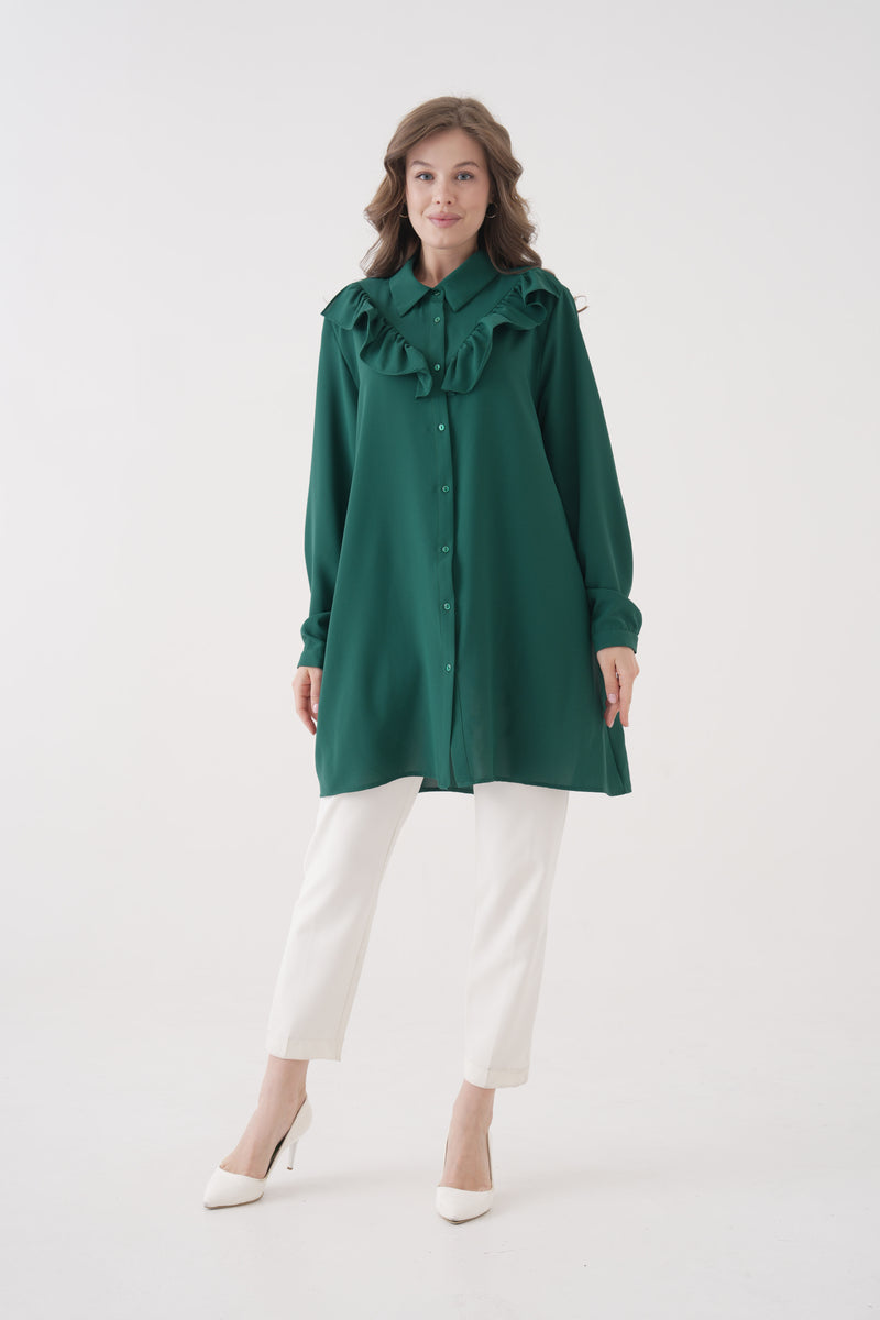 Relaxed Fit Long Sleeves Button and Ruffle Detail Tunic in Green