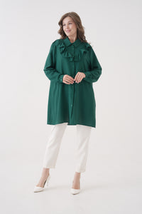 Relaxed Fit Long Sleeves Button and Ruffle Detail Tunic in Green