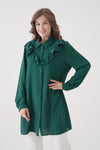 Relaxed Fit Long Sleeves Button and Ruffle Detail Tunic in Green