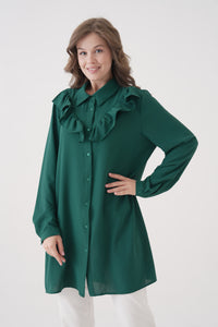Relaxed Fit Long Sleeves Button and Ruffle Detail Tunic in Green
