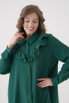 Relaxed Fit Long Sleeves Button and Ruffle Detail Tunic in Green