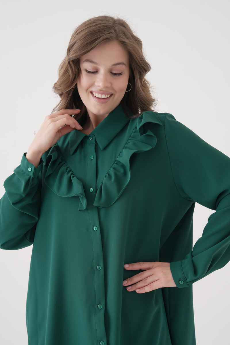 Relaxed Fit Long Sleeves Button and Ruffle Detail Tunic in Green