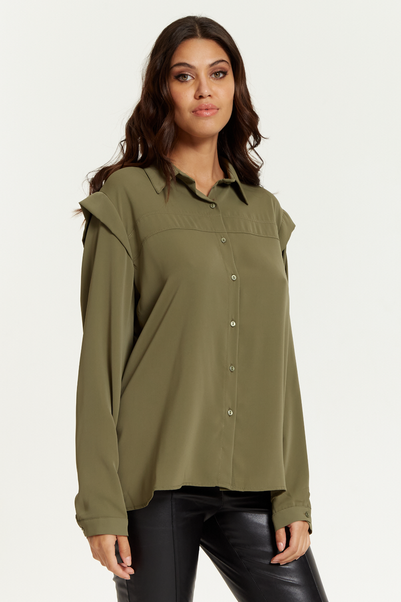 Relaxed Fit Shoulder Detailed Long Sleeves Shirt in Khaki