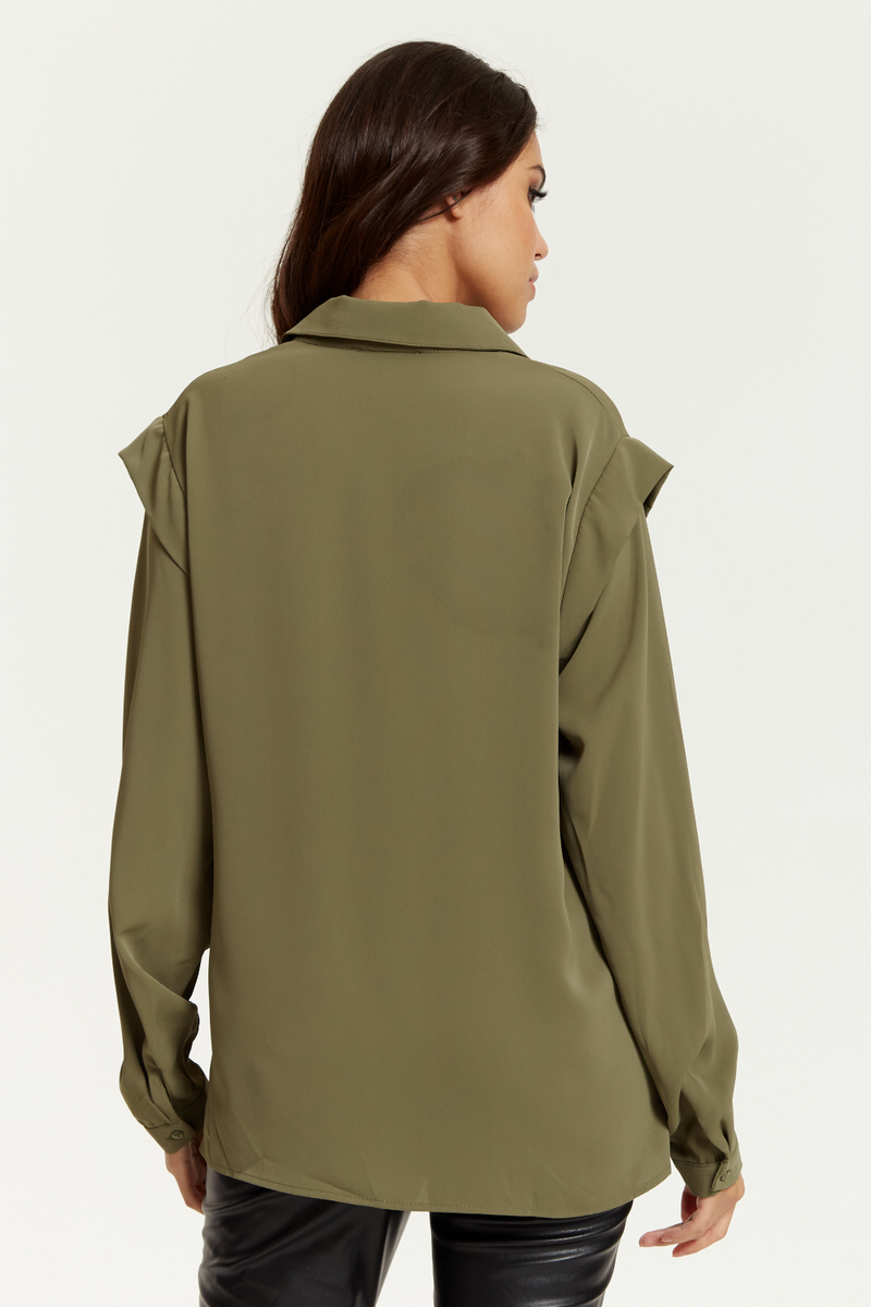 Relaxed Fit Shoulder Detailed Long Sleeves Shirt in Khaki