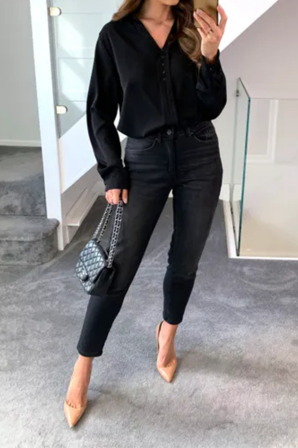 Oversized Long Sleeves Blouse Shirt with Button Details in Black
