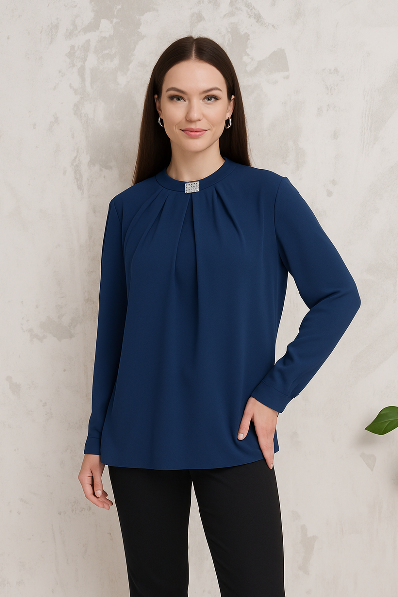 Oversized Long Sleeves Brooch Detailed Blouse in Navy