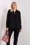 Oversized Long Sleeves Shirt Collar Blouse Top with Brooch Detail in Black