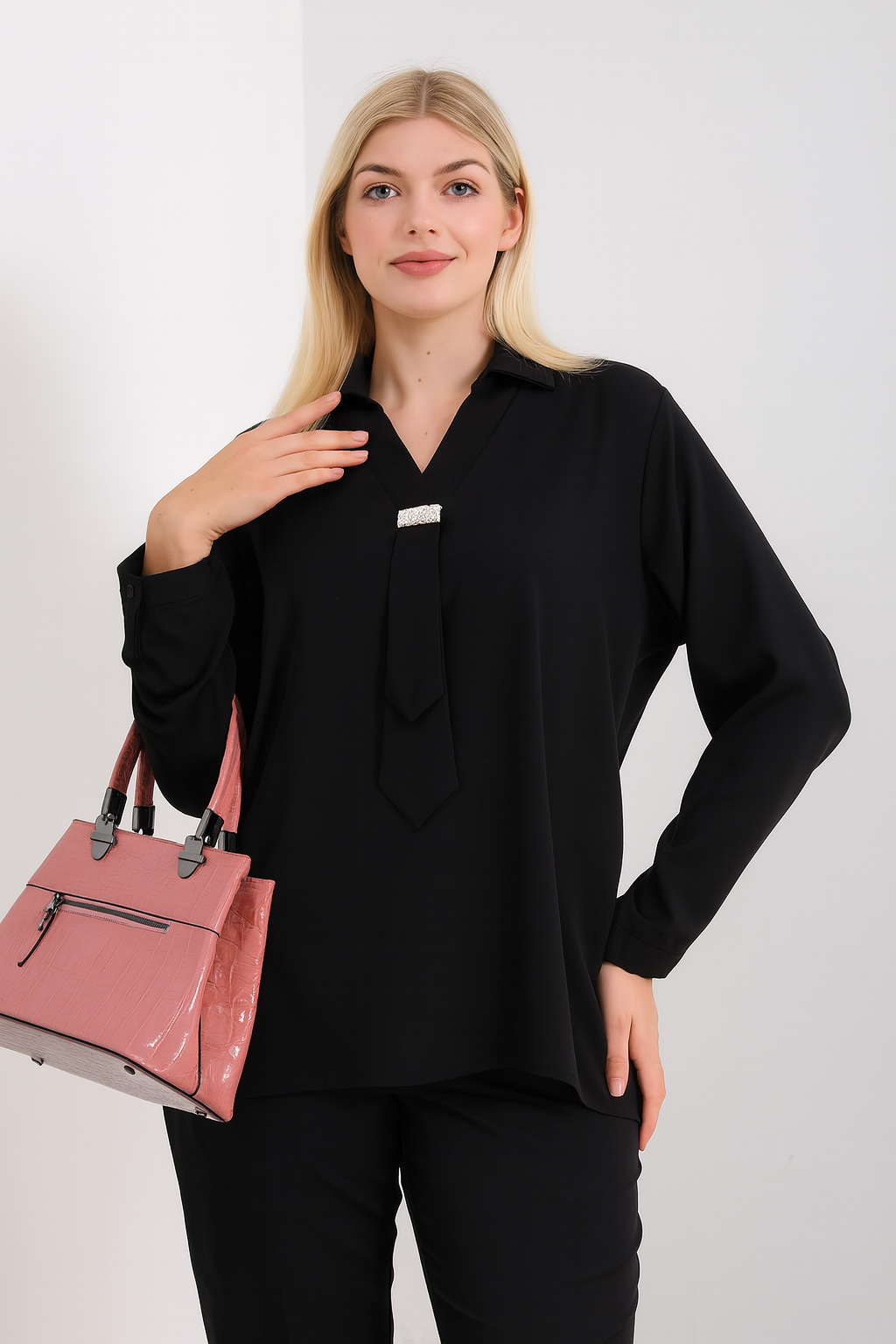 Oversized Long Sleeves Shirt Collar Blouse Top with Brooch Detail in Black