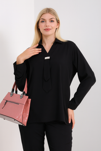 Oversized Long Sleeves Shirt Collar Blouse Top with Brooch Detail in Black