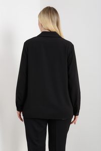 Oversized Long Sleeves Shirt Collar Blouse Top with Brooch Detail in Black
