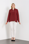 Oversized Long Sleeves Shirt Collar Blouse Top with Brooch Detail in Burgundy