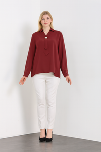 Oversized Long Sleeves Shirt Collar Blouse Top with Brooch Detail in Burgundy